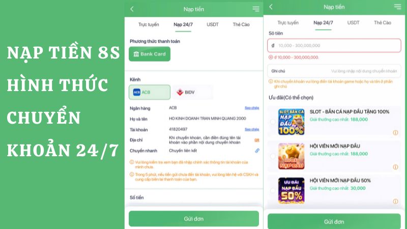 Nạp tiền 8s app với chuyển khoản ngân hàng 